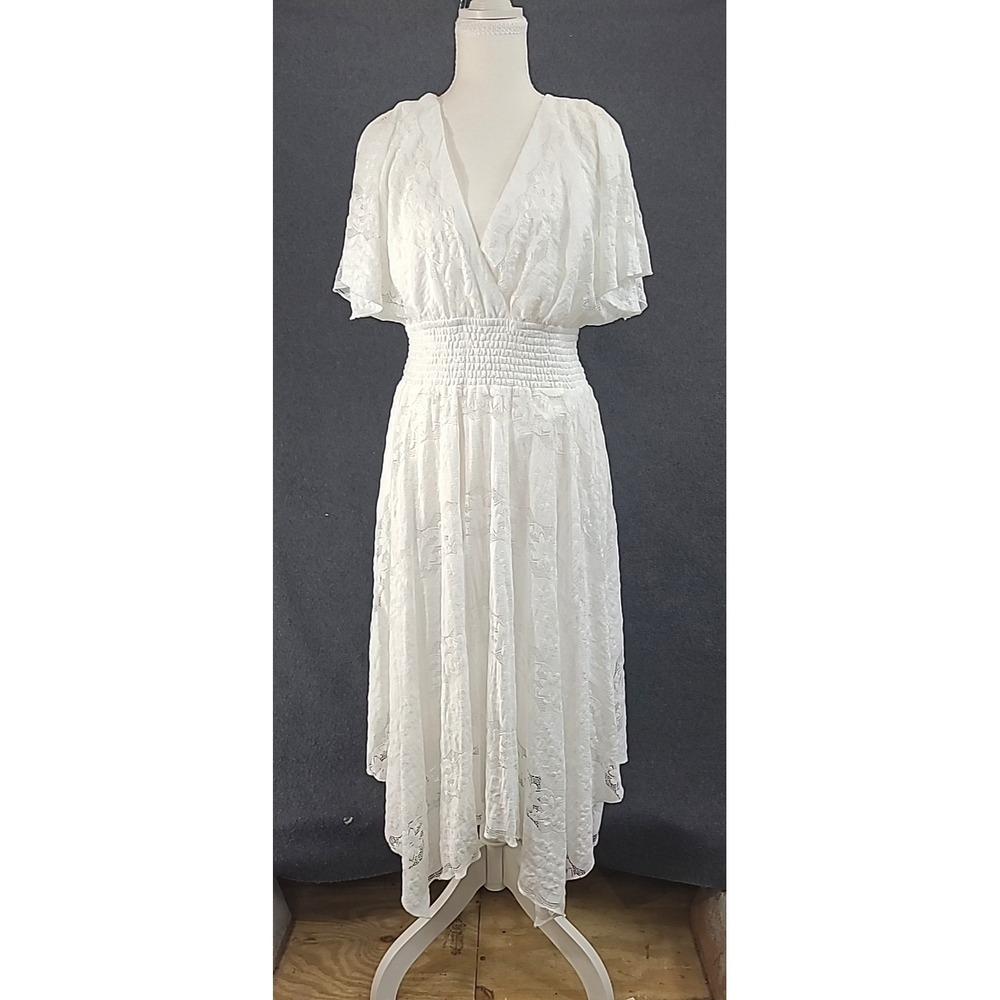 Flowy Midi Dress w Lace Overlay, Suplice V Neck Smocked Waist Assymetrical Hem L